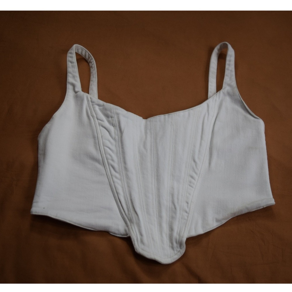 Zara White Denim Corset Top Structured Boned Bodice Zipper Back Womens Large